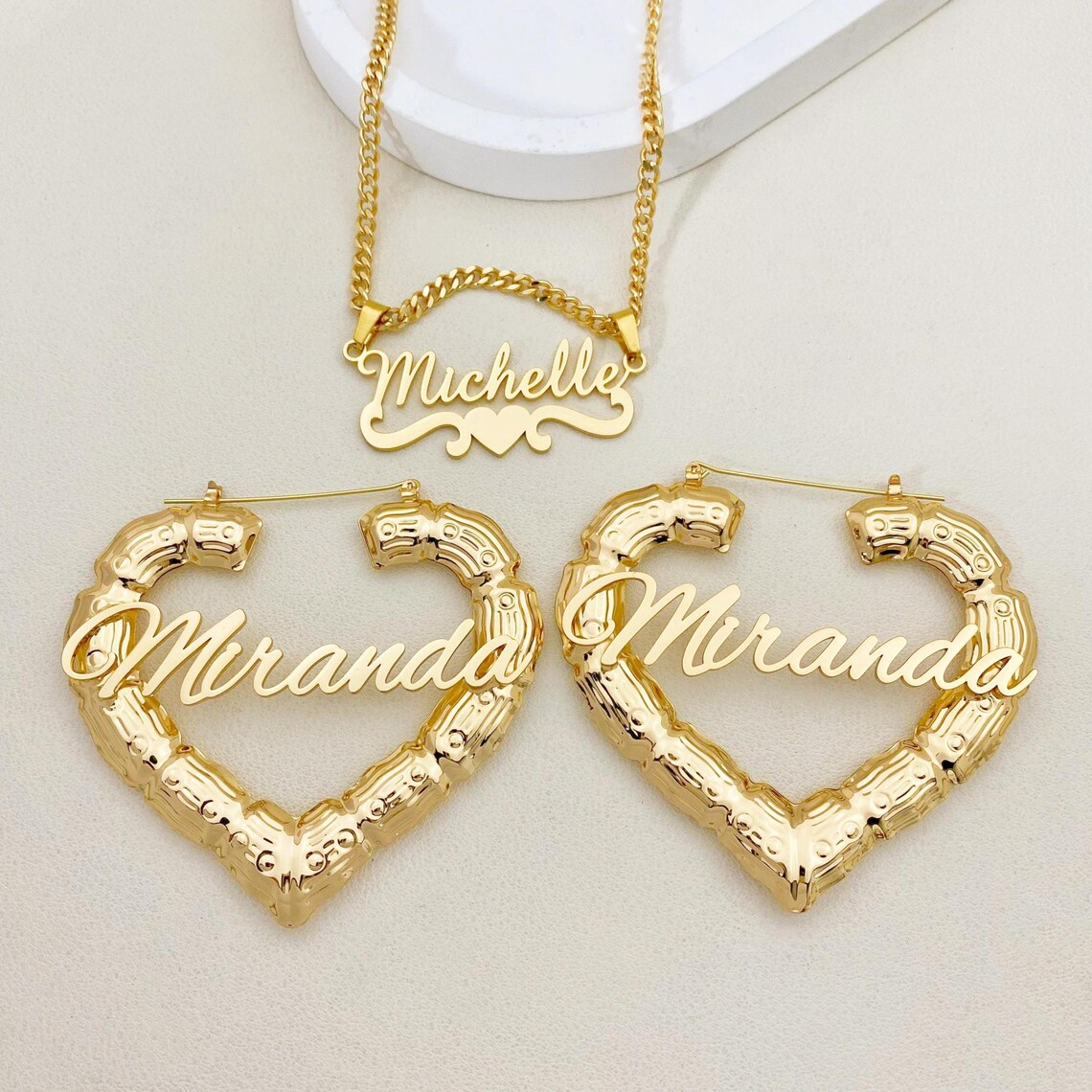 Heart Nameplate Necklace and Bamboo Earrings 2pc Set