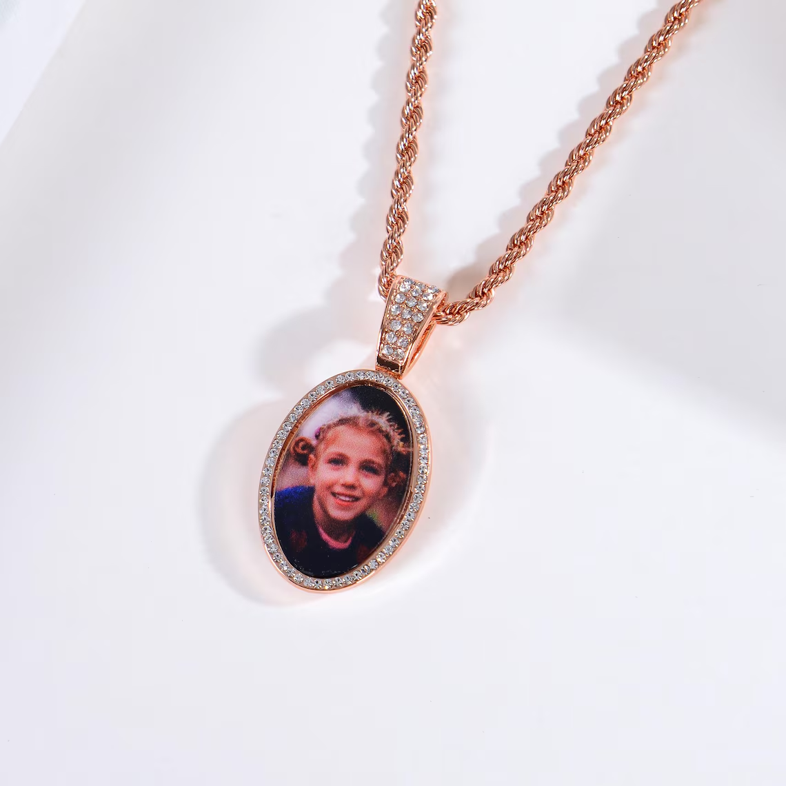 Personalized Diamond Oval Photo Pendant Necklace Rope Chain