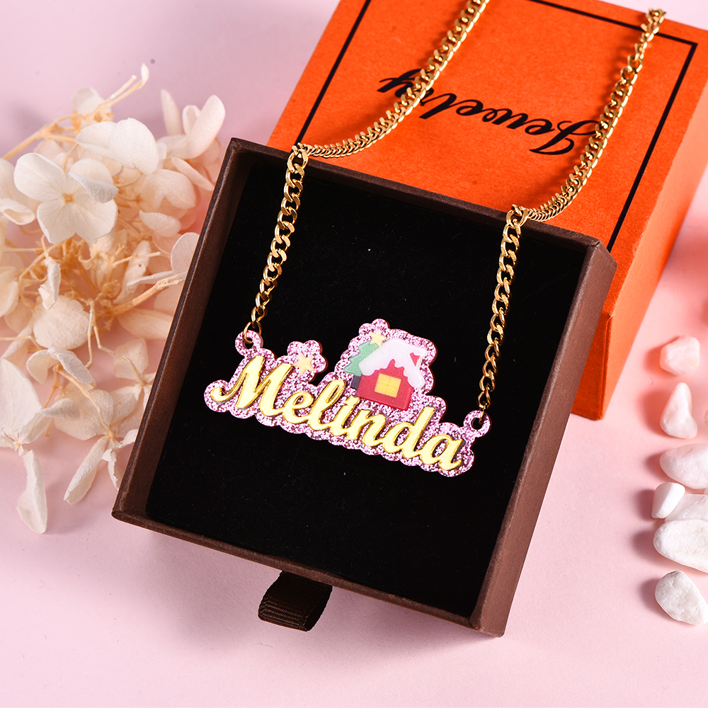 Cute Christmas House Acrylic Cuban Chain Personalized Name Necklace
