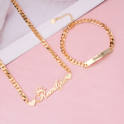 Crown and Double Heart Personalized Name Necklace and Baby Bracelets Set