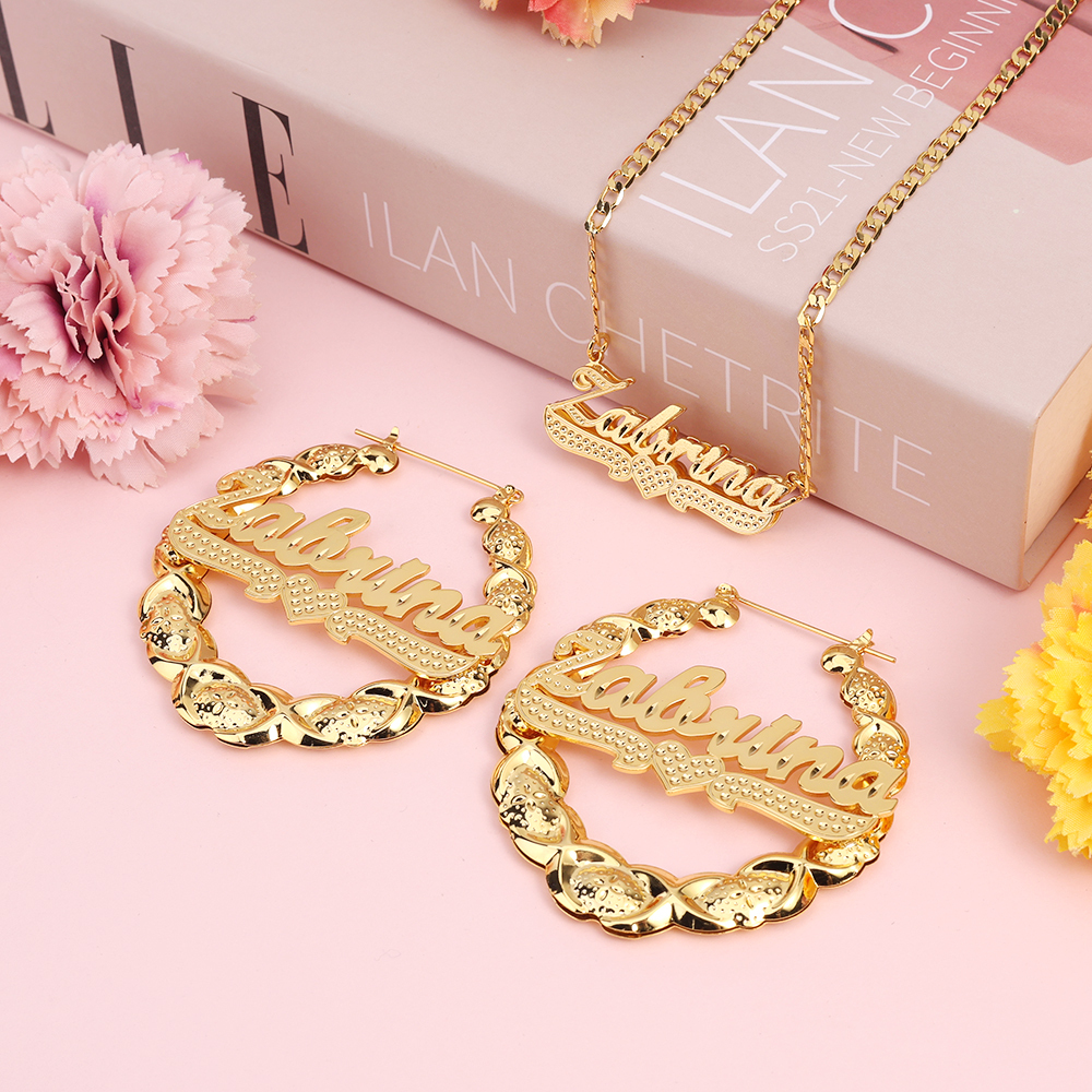 Double Plated Zircon Nameplated Pendant Personalized Name Necklace And Bamboo Earrings 2pcs Set