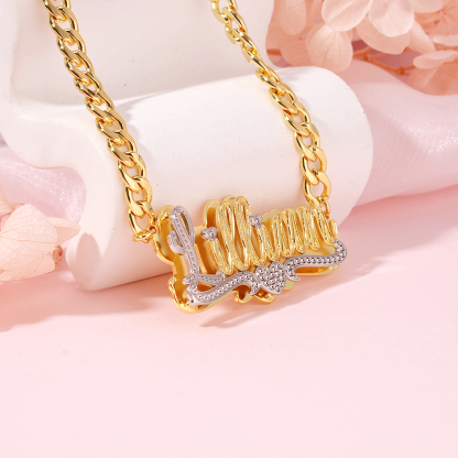 Double Plate Two Tone Heart Nameplate Pendant With Cuban Chain Personalized Name Necklace
