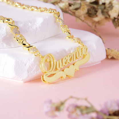 Personalized Custom Teddy XOXO Chain Double Layer Diamond Cut Heart Name Necklace