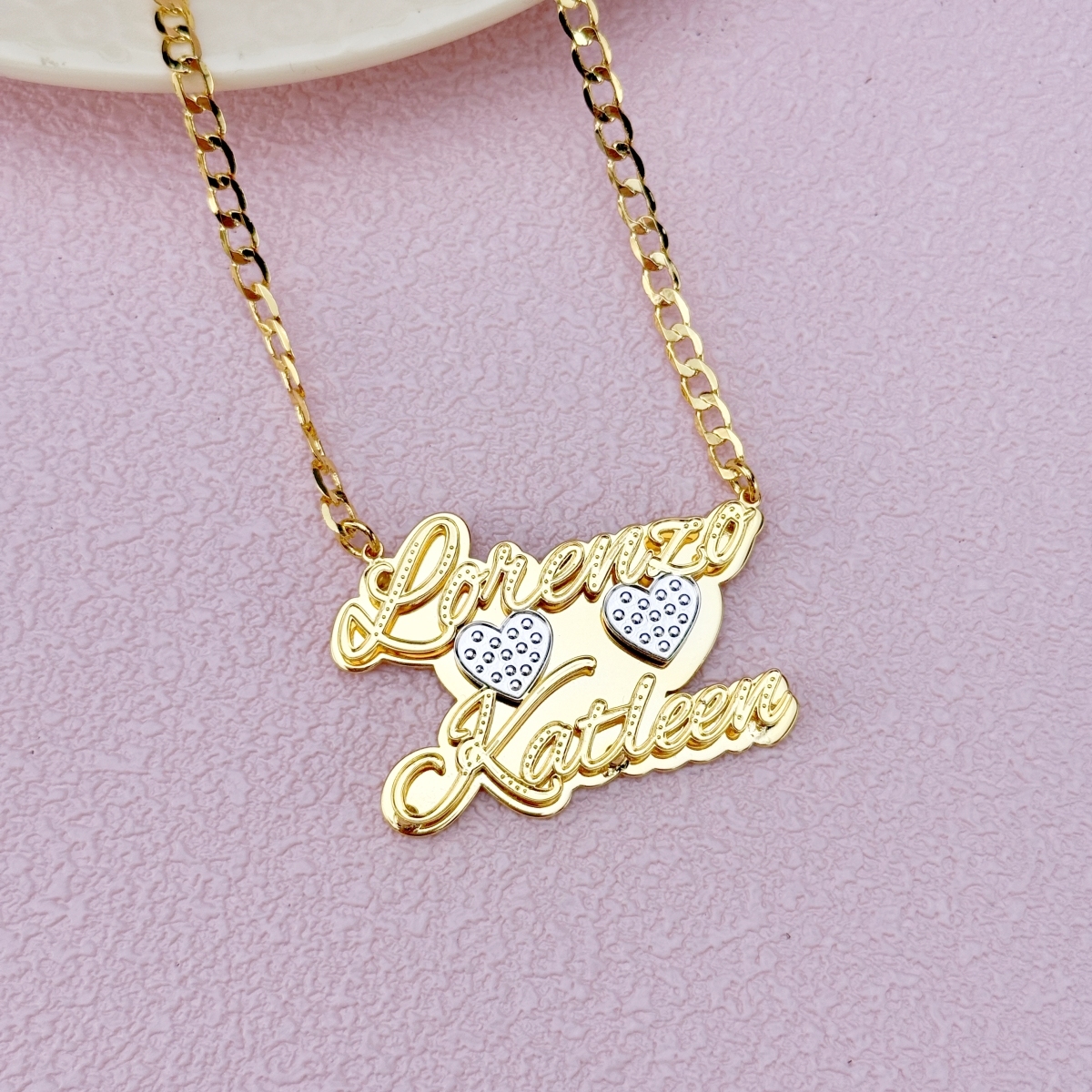 Double Plate Two Tone with Two Hearts Personalized Custom Gold Plated Two Names Necklace