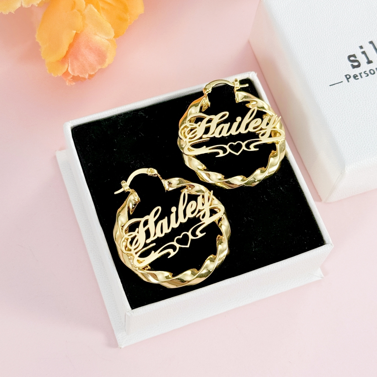 Personalised Custom Twist Hoop Earrings with Heart Nameplate Gold Plated