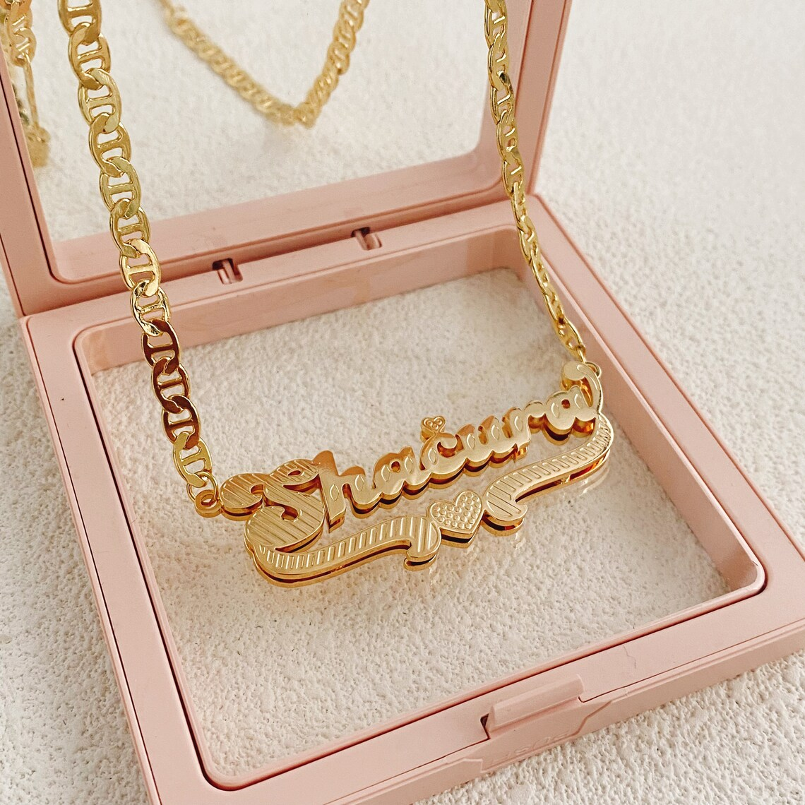 Mariner Chain Double Plate Custom 3D Heart Name Necklace