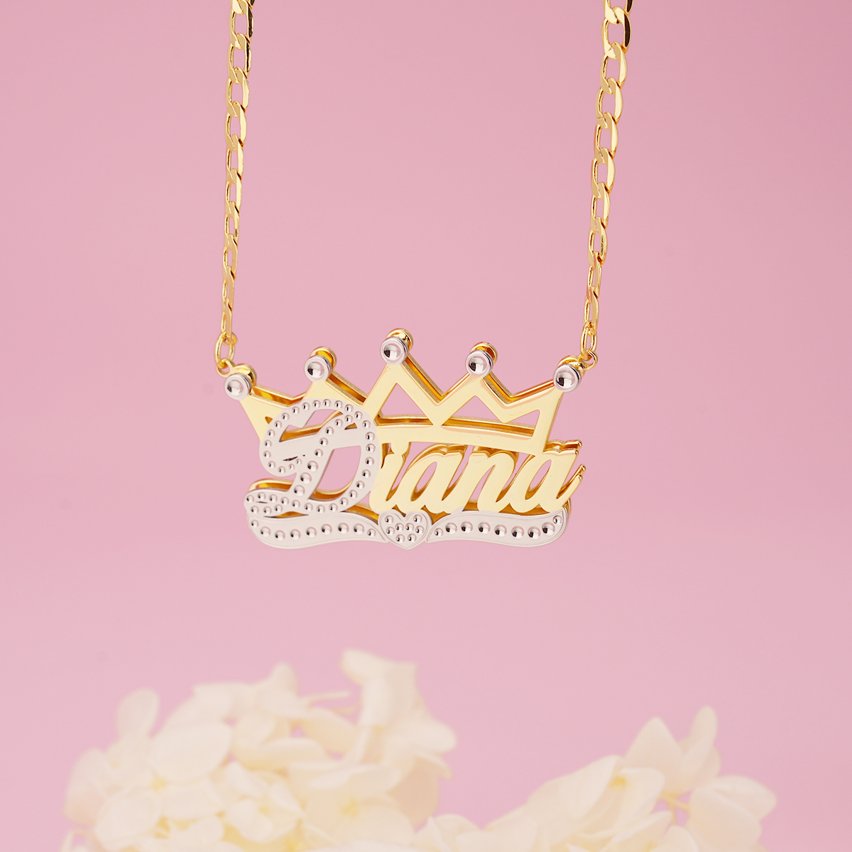 Cuban Chain Two Tone Crown Heart Nameplate Personalized Custom Gold Plated 3D Name Necklace