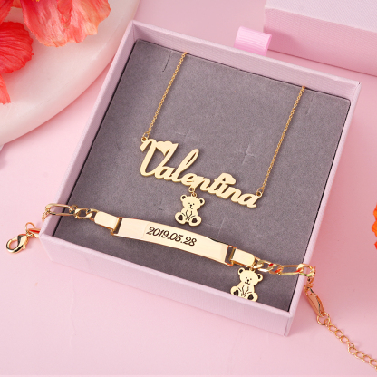 Teddy Bear Pendant Personalized Heart Name Necklace And Name Bracelet Set