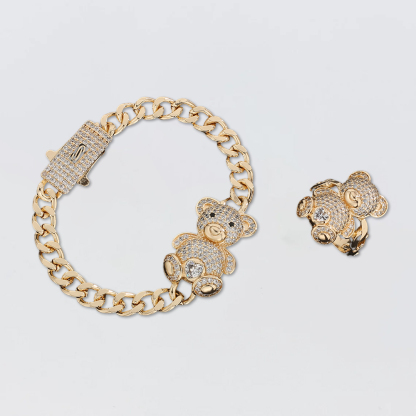 Teddy Bear Birtstone Bracelet And Ring 2pc Set