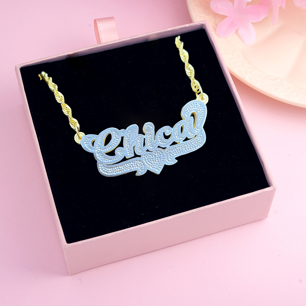 Twist Chain Custom Double Plated Name Necklace with Heart Underline