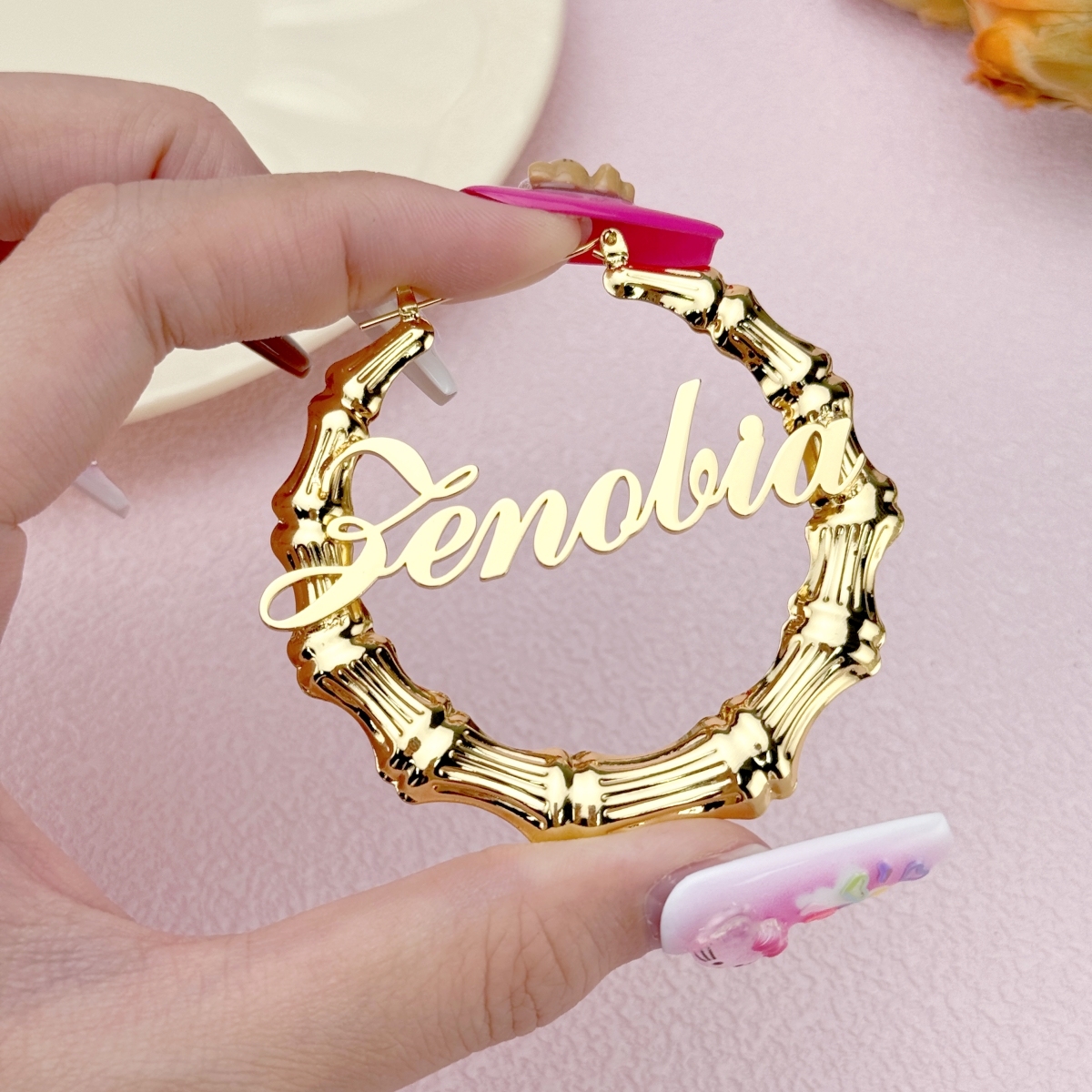 Gold Plated Personalized Custom Bamboo Hoop Name Earrings