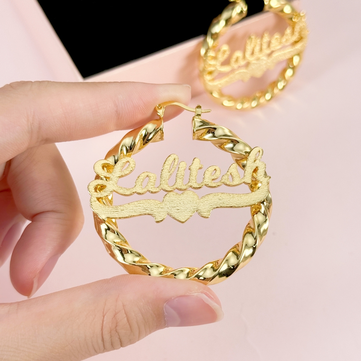 Custom Heart Name Twist Hoop Name Earrings Gold Plated