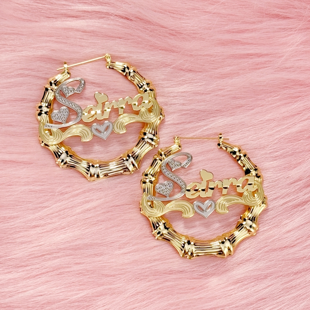 Custom Two Tone Nameplate with Hearts Bamboo Earrings