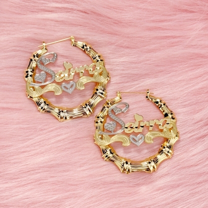 Custom Two Tone Nameplate with Hearts Bamboo Earrings