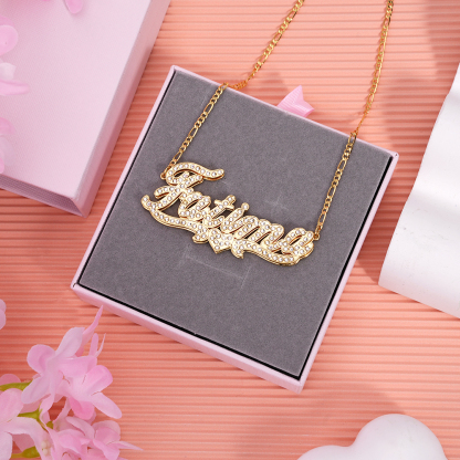 Double Layer Heart Inlaid Zircon Personalized Custom Gold Plated Name Necklace