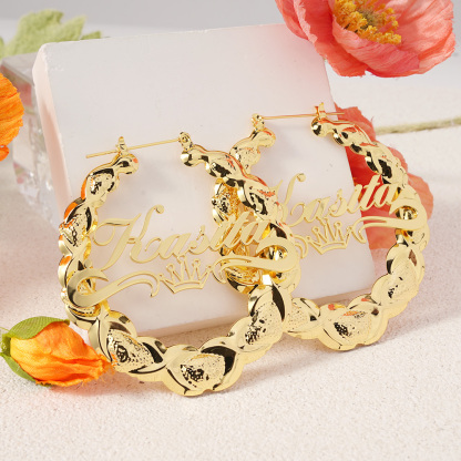 XOXO Bamboo Crown Nameplate Personalized Hoop Name Earrings 