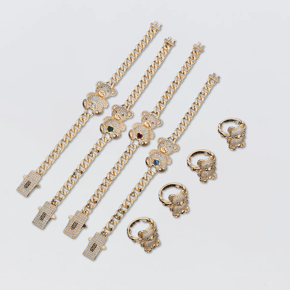 Teddy Bear Birtstone Bracelet And Ring 2pc Set