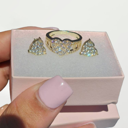 Heart Jewelry Set White Pink Zirconia Ring And Stud Earrings