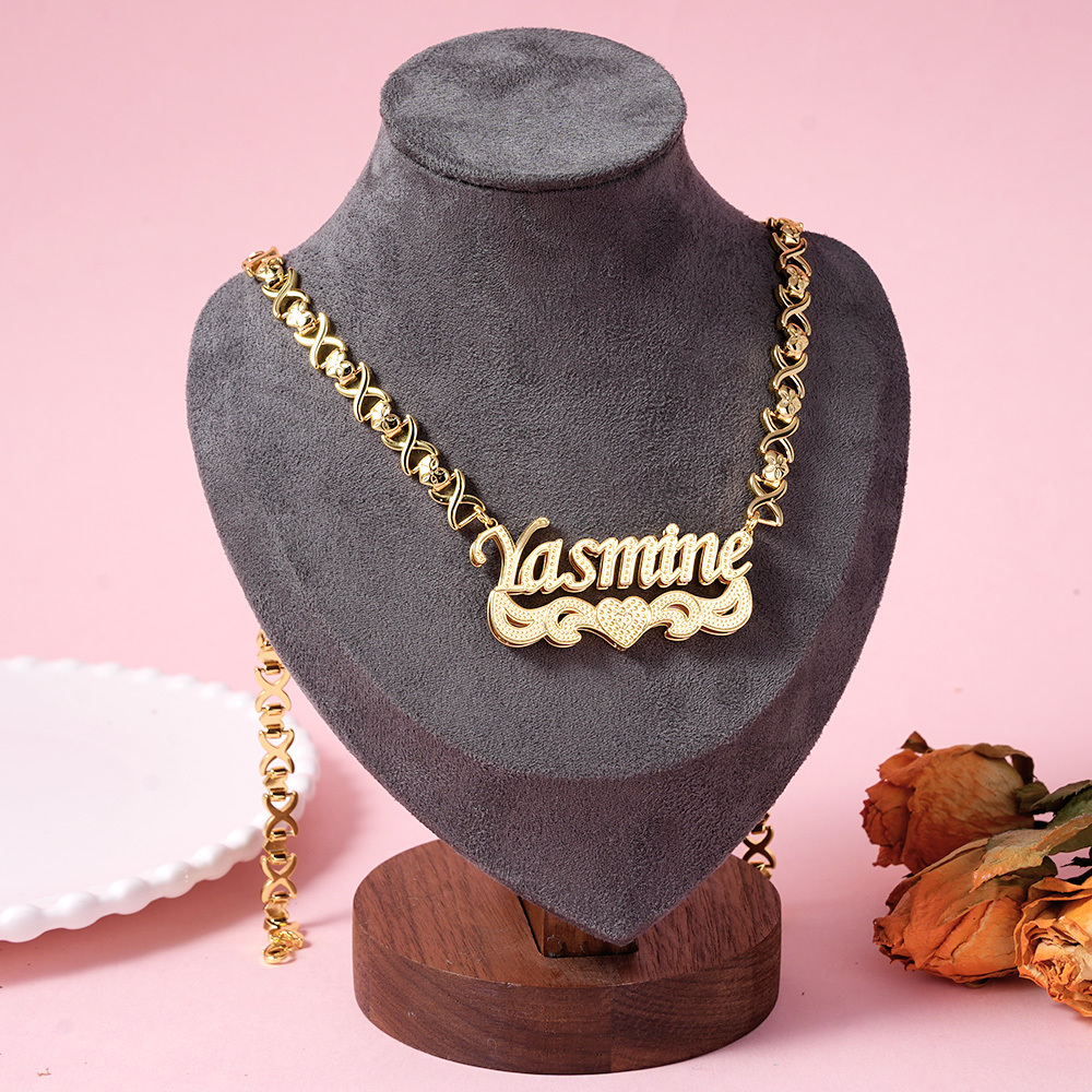Double Layer Heart Nameplate Pendant Personalized Custom Gold Plated Name Necklace Gift For Her