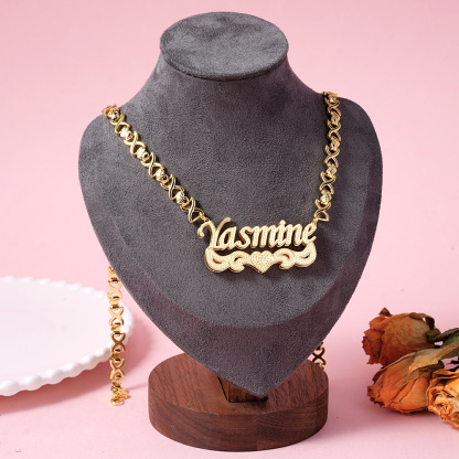 Double Layer Heart Nameplate Pendant Personalized Custom Gold Plated Name Necklace Gift For Her