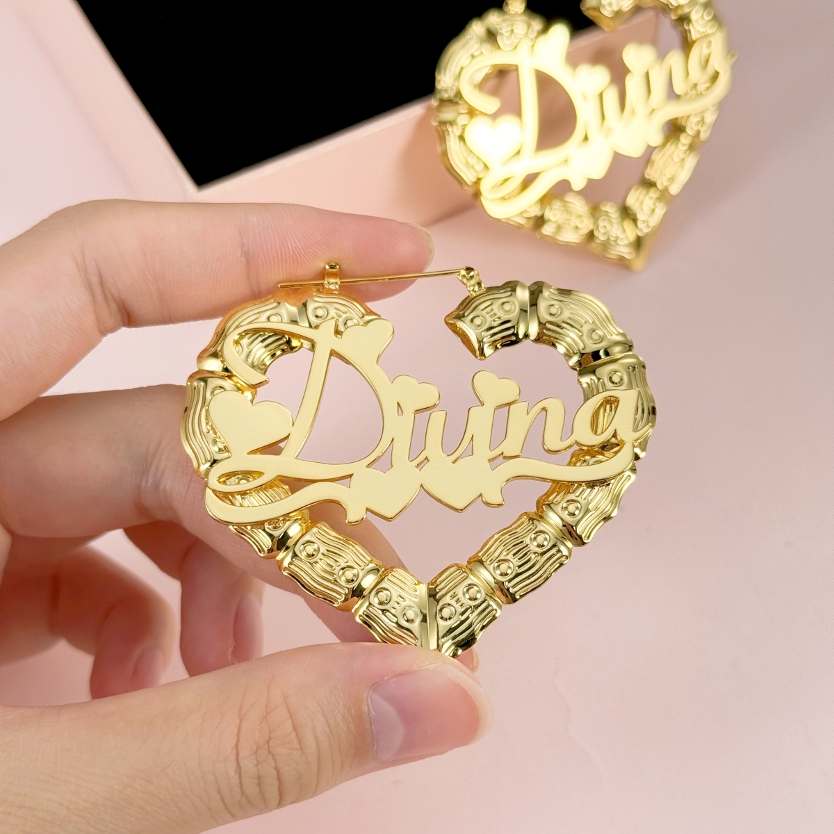 Personalized Heart Shaped Bamboo Name Earrings