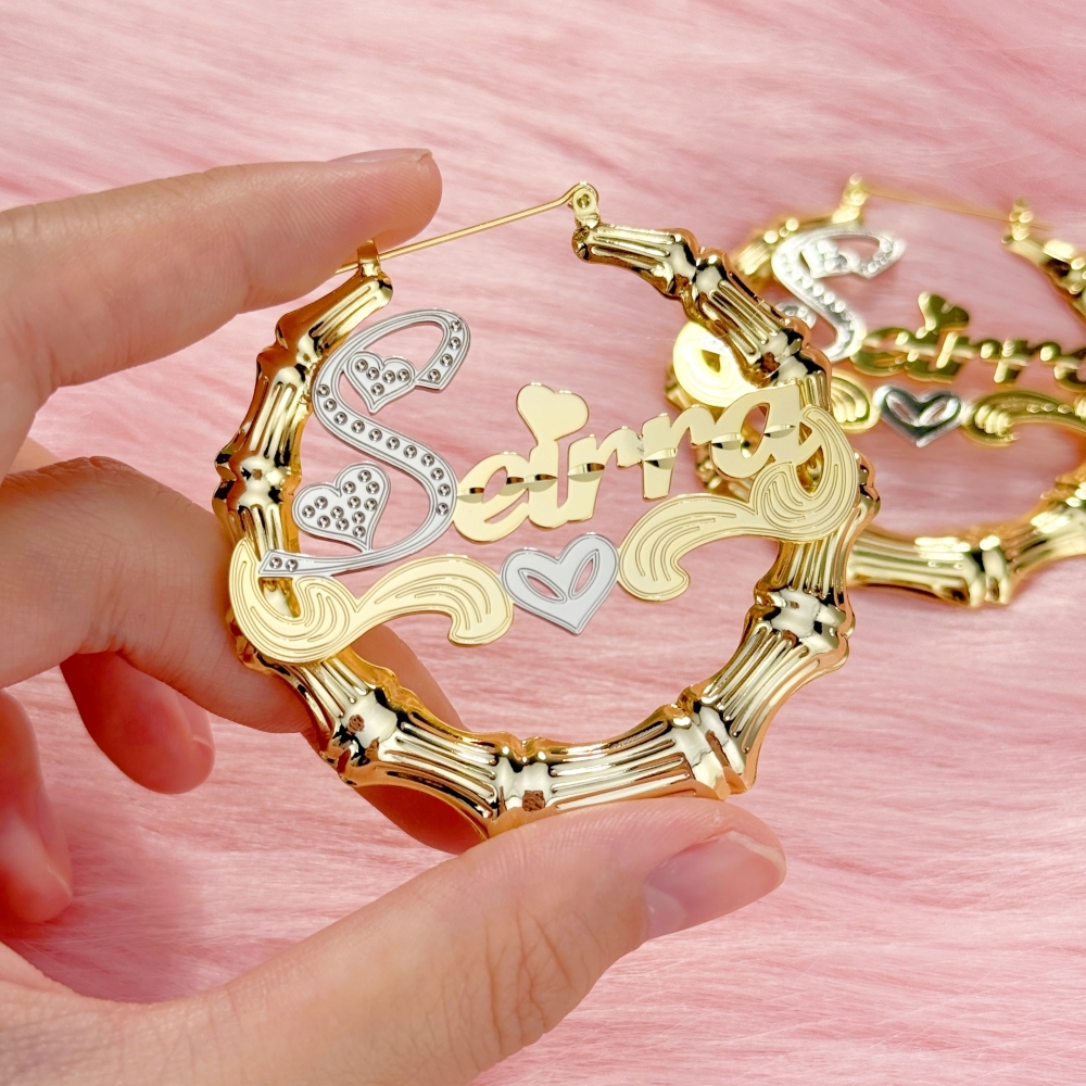 Custom Two Tone Nameplate with Hearts Bamboo Earrings