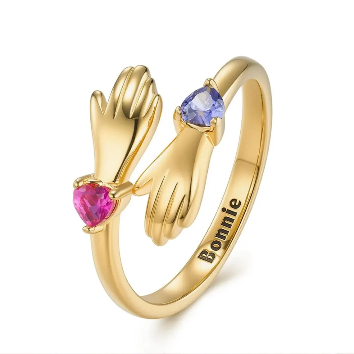 Personalized Hug Ring with Heart Birthstones Engraving Ring