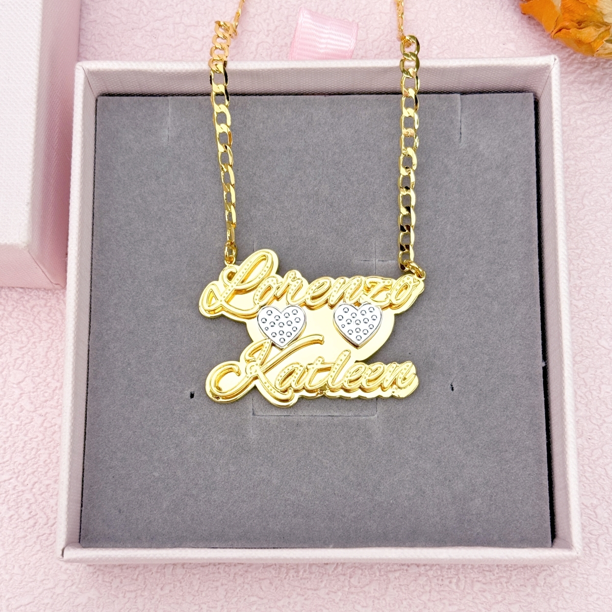 Double Plate Two Tone with Two Hearts Personalized Custom Gold Plated Two Names Necklace