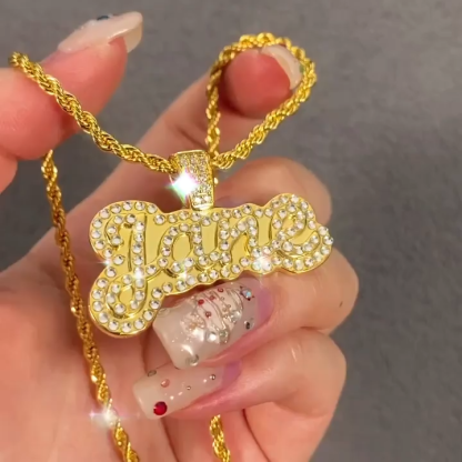 Sparkling Crystal Double Plate Personalized Nameplate Pendant Custom Necklace