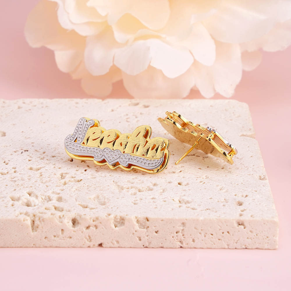 Double Plate Two Tone With Heart Personalized Custom Name Stud Earrings