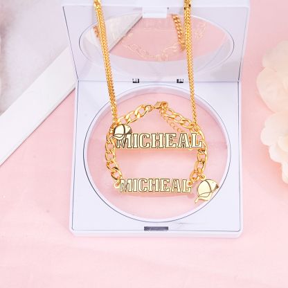 Custom Peaked Cap Name Necklace And Name Bracelet For Kids Boys Set