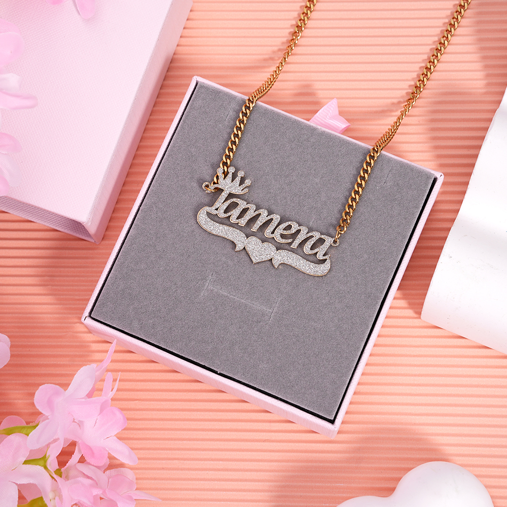 Crown Heart Nameplate Personalized Bling Name Necklace 