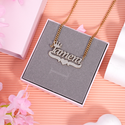 Crown Heart Nameplate Personalized Bling Name Necklace 