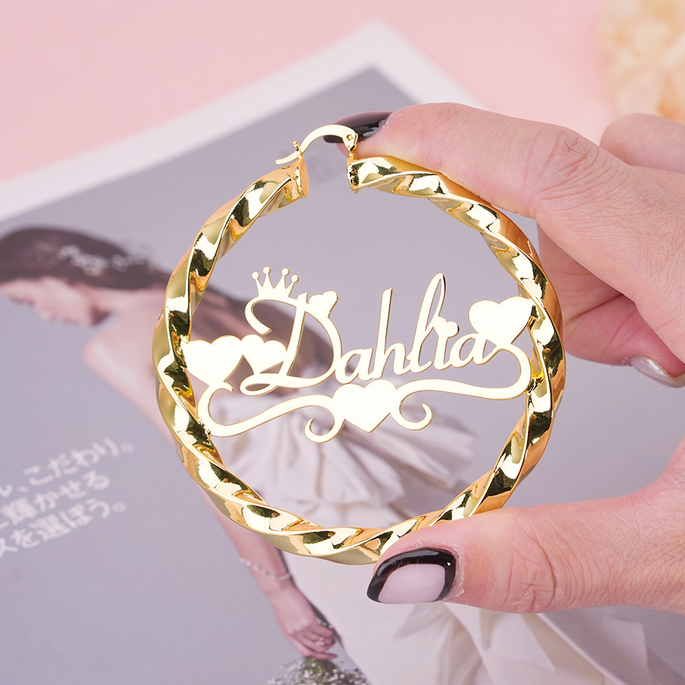 Twist Hoop Earring Personalized Heart Crown Fashion Women Name Earrings