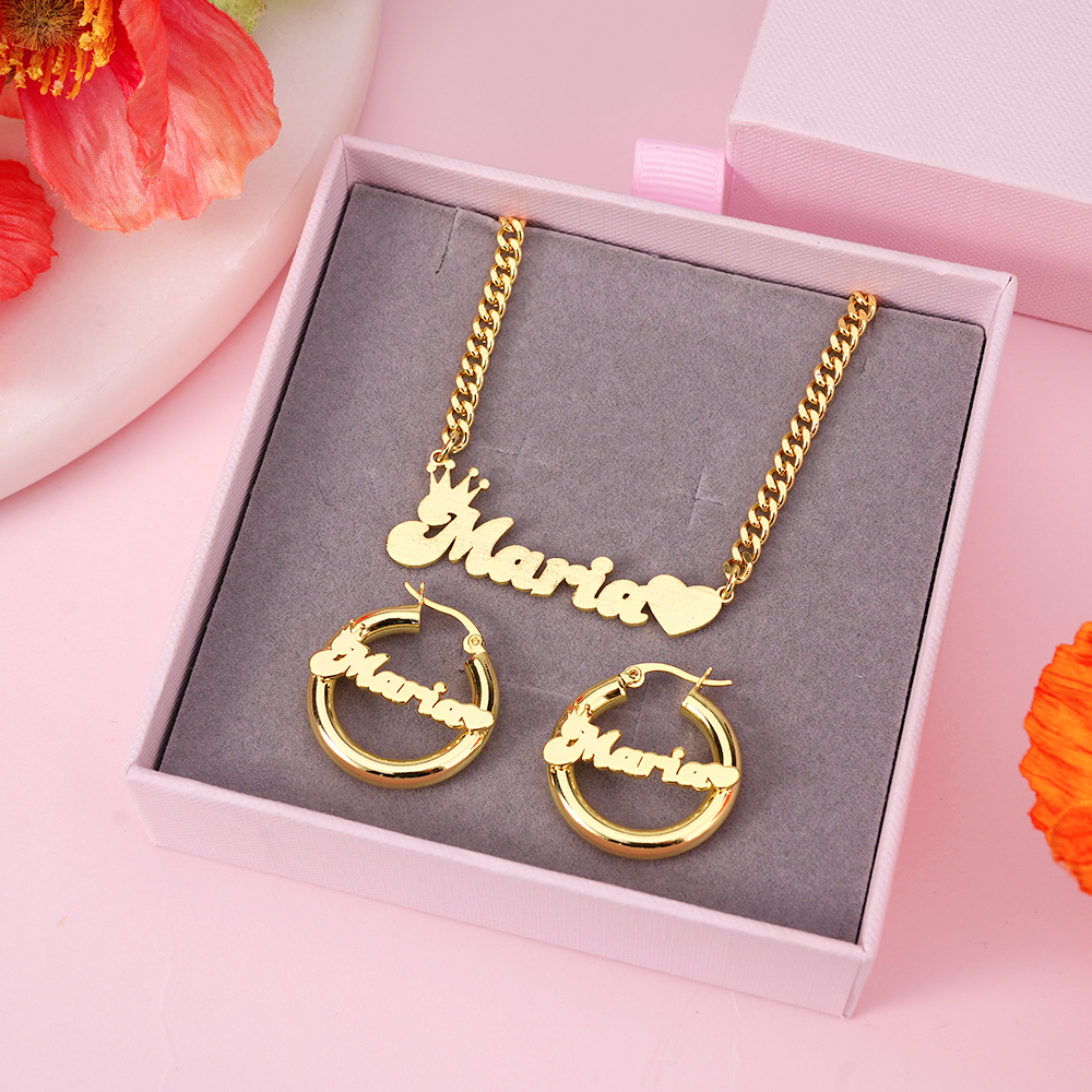 Bling Crown Heart Set Personalized Name Necklace And Hoop Earrings 2pcs Set