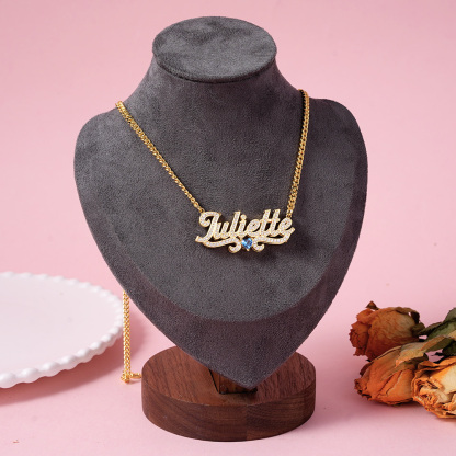 Double Layer Zircon With Birthstone Nameplated Pendant Personalized Name Necklace