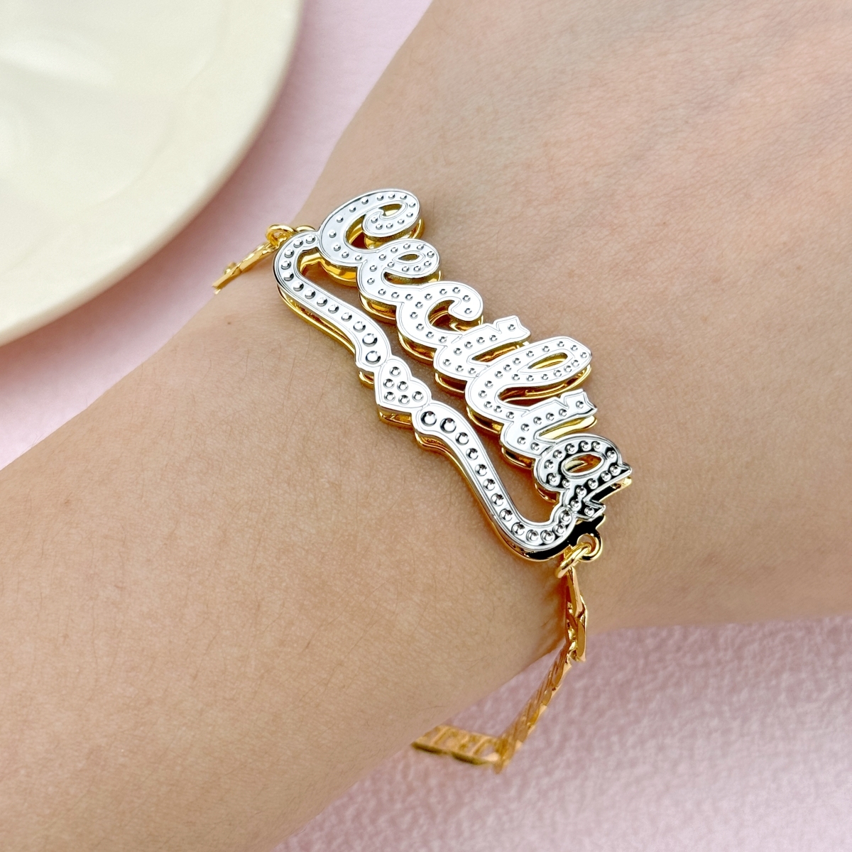 Heart Double Layer Two Tone Personalized Custom Gold Plated Name Bracelet