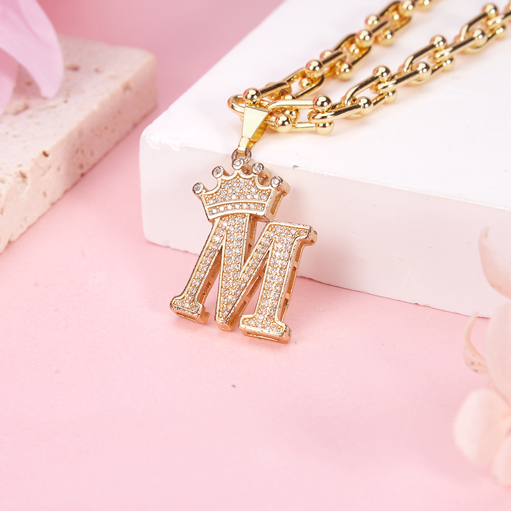 U Shaped Lock Chain Personalized Crown Letter Initial Necklace