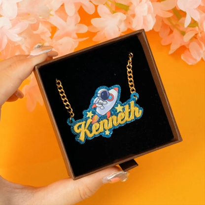 Acrylic Astronaut Rocket Pendant Personalized Name Necklace