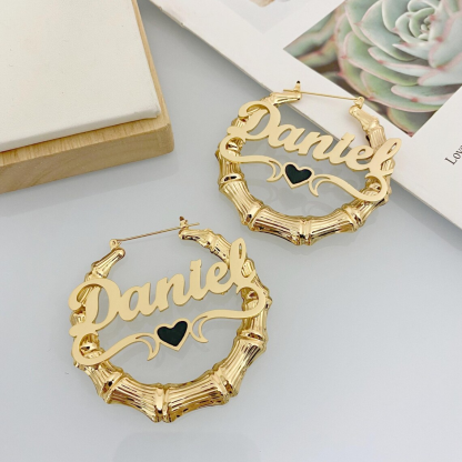 Gold Plated Enamel Heart Nameplate Necklace and Bamboo Earrings Jewelry Set