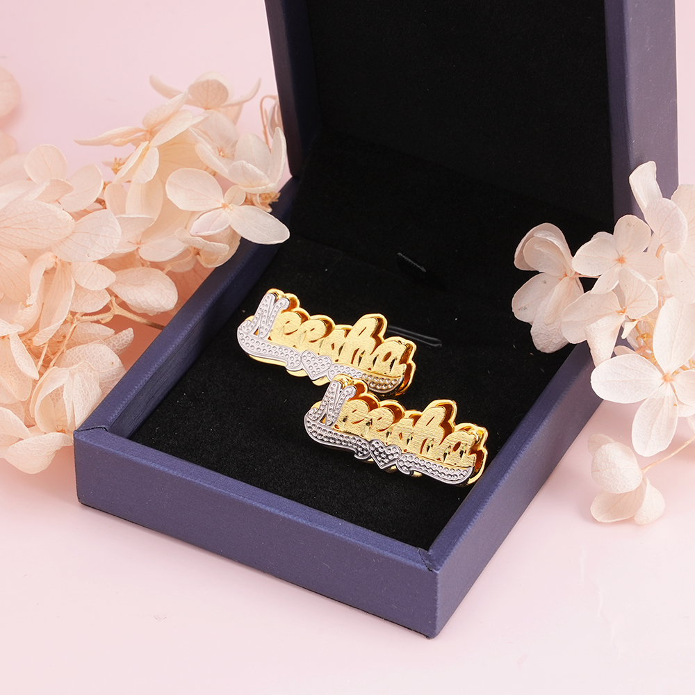 Double Plate Two Tone With Heart Personalized Custom Name Stud Earrings