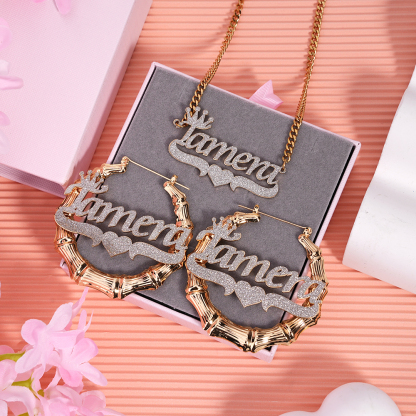Crown Acrylic Heart Pendant Personalized Name Necklace And Name Earrings Set