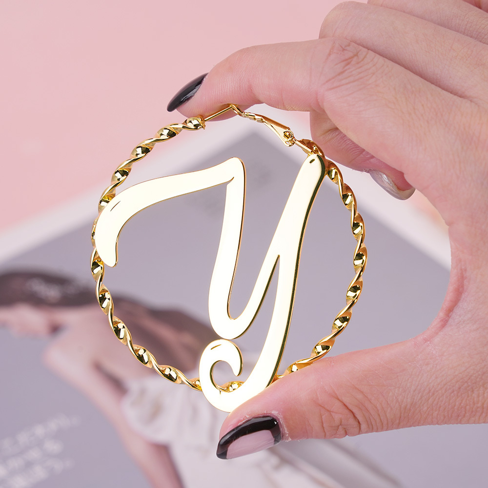 Personalized Gold Plated Big Letter Initial Name Hoop Earrings Women Gift