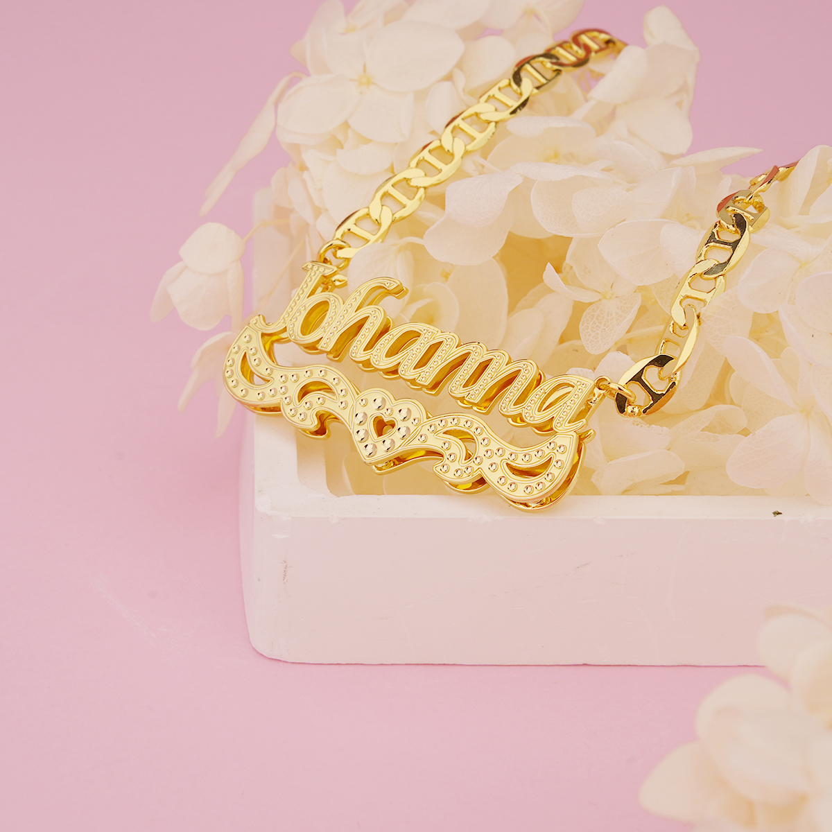 Double Layer Nameplate with Heart Mariner Chain Personalized Name Necklace 