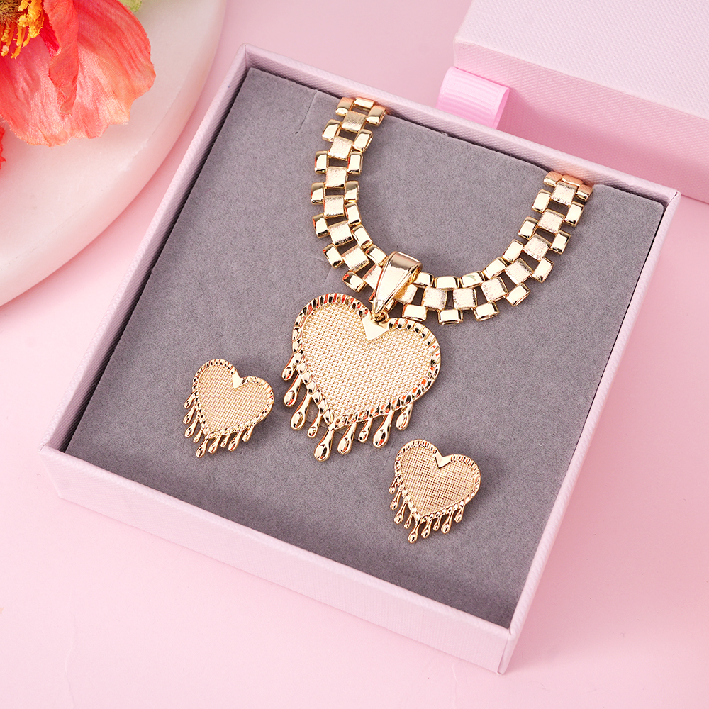 Dripping Heart Pendant Rolex Style Heart Necklace and Heart Stud Earrings Set