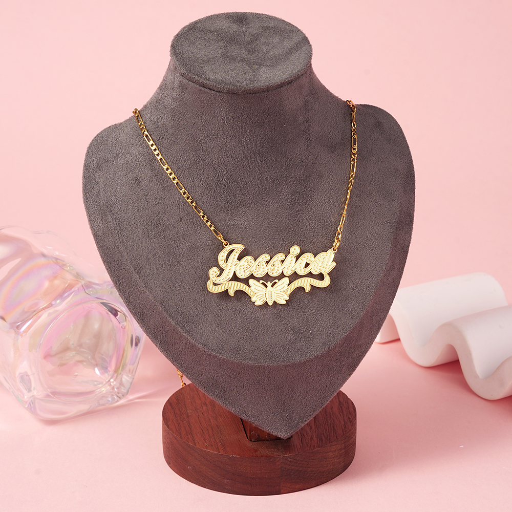 Double Layer Butterfly Nameplate Pendant Personalized Custom Gold Plated Name Necklace