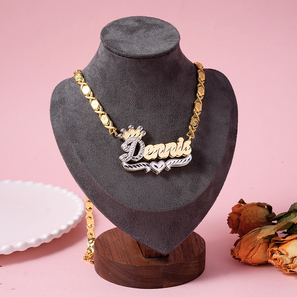 Double Layer Two Tone Crown xoxo Chain Personalized Custom Gold Plated Name Necklace