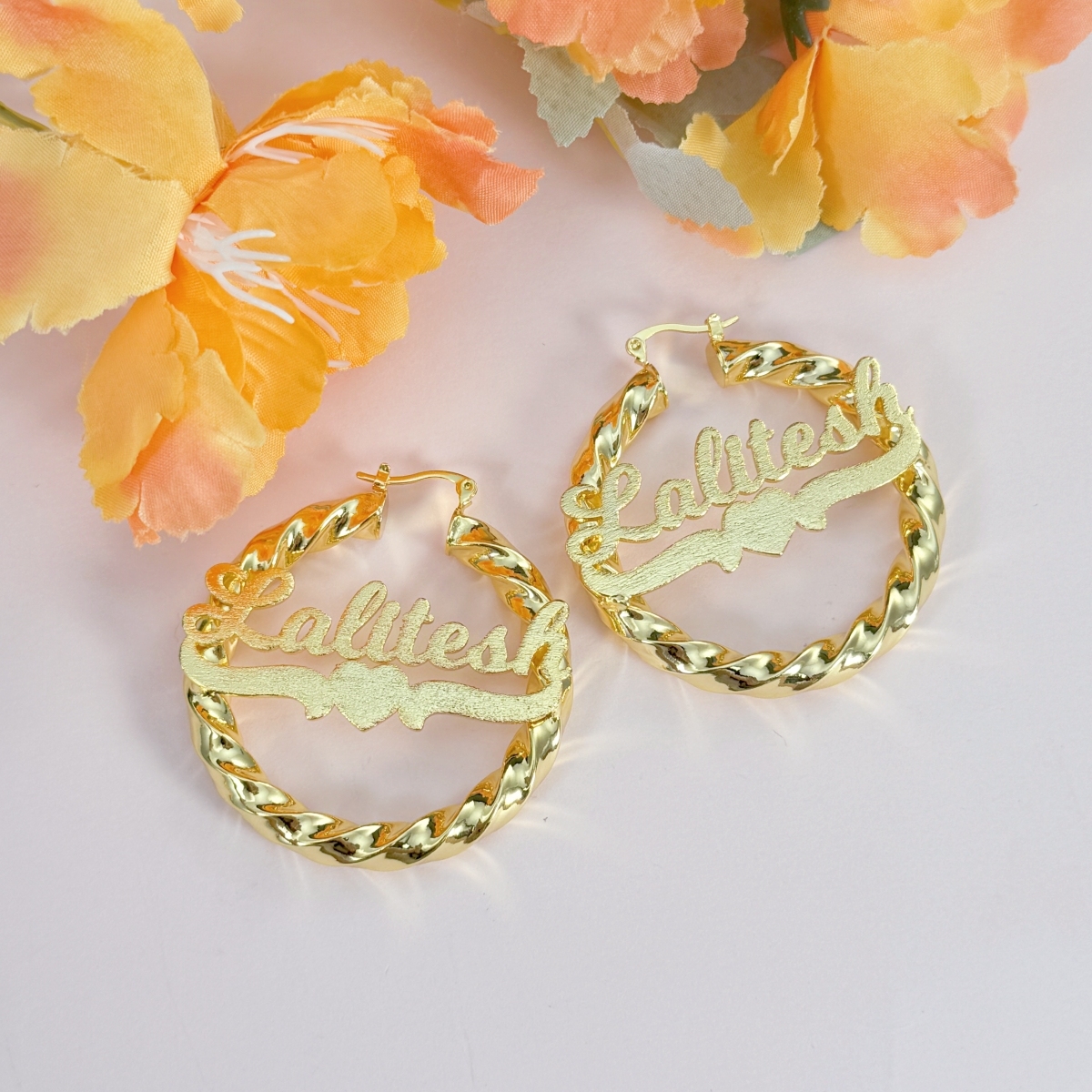Custom Heart Name Twist Hoop Name Earrings Gold Plated