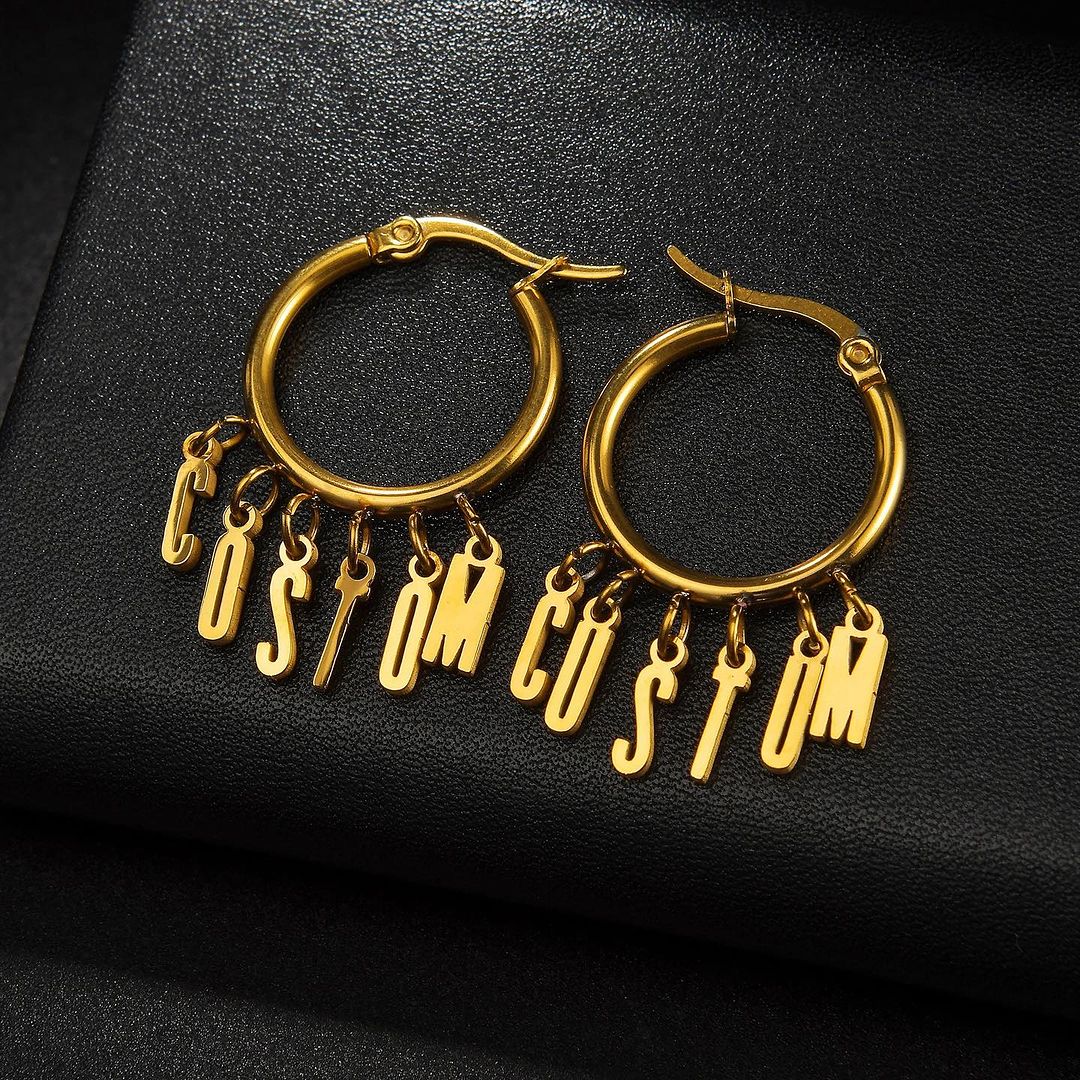 Personalized 30mm Dangle Lettered Nameplate Hoop Name Earrings