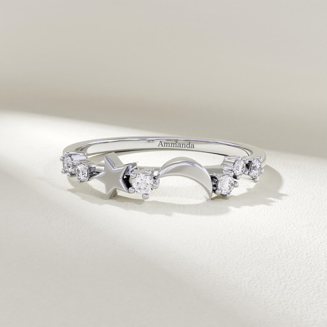 Personalized Zirconia Moon and Star Engraved Ring Name Ring